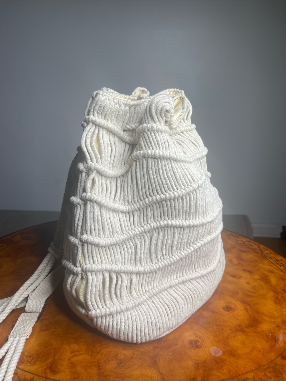 Cream Textured Drawstring Backpack